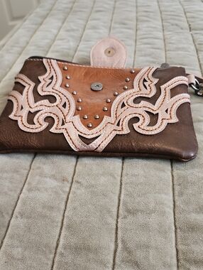 Montana West Brown and Light Pink Embroidered Leather Wristlet